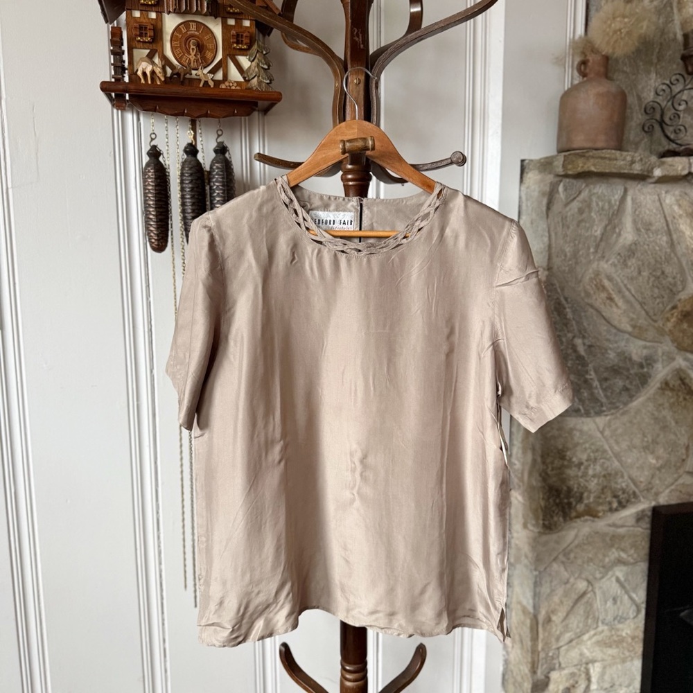 Vintage Silk Taupe Short Sleeve Blouse size 10 medium